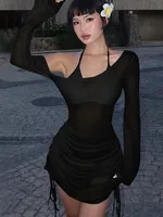 Women's Solid Skew Collar Ruched Straps Lace-Up See through Draw String Mini Dress Summer 2025 Party Clubwear