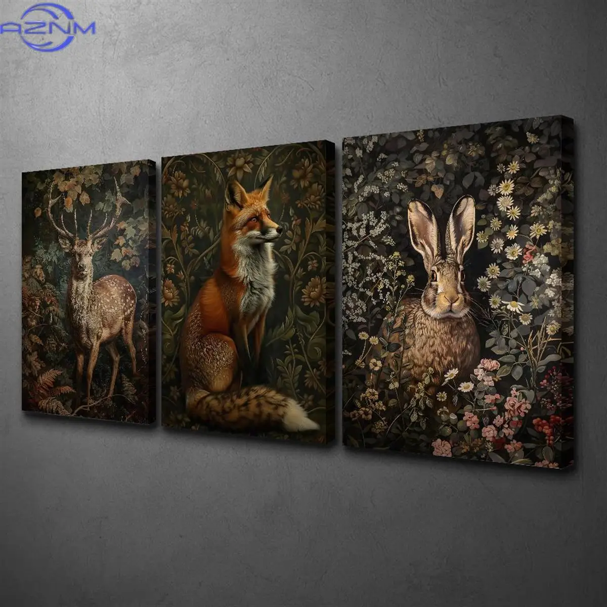 3pcs  Framed Canvas Print Set | Rustic Farmhouse Dark land Animals Decor with Fox, Rabbit & Deer, Floral Background - Perfect f