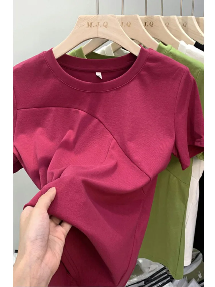 summer cotton Short sleeve basics t-shirt women summer drawstring irregular design unique chic tops loose o-neck tees clothes