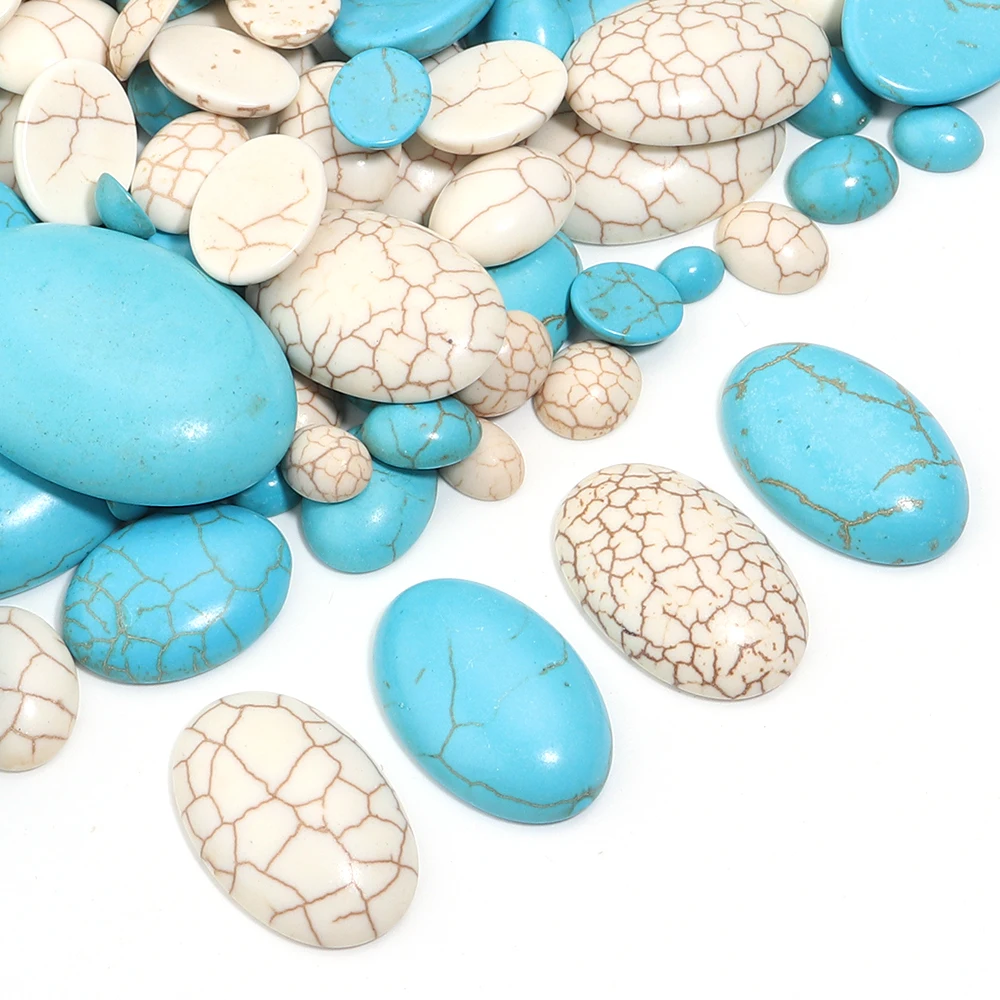 

10pcs/lot Blue White Turquoises Stone Cabochon Beads Natural Stone Oval Flat Back Cabochons Cameo For DIY Jewelry Making