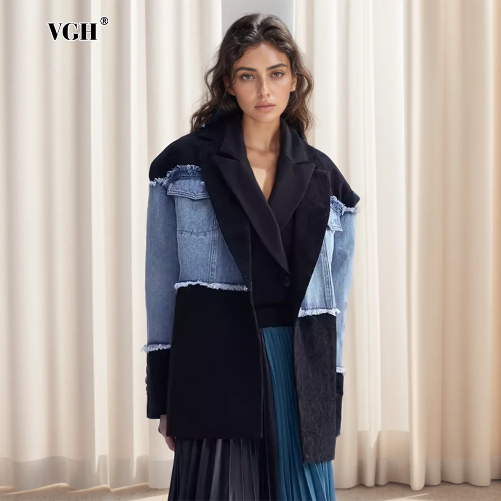 VGH Colorblock Denim Jackets For Women Notched Collar Long Sleeve Hollow Out Loose Casual Jackets Female Autumn Clothing Style