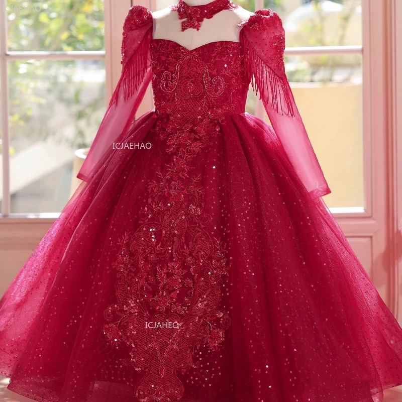 Girls Red Evening Dress Kids Pageant Gown Piano Performance Host Wear Children Show Princess Ball Gown Celebration Formal