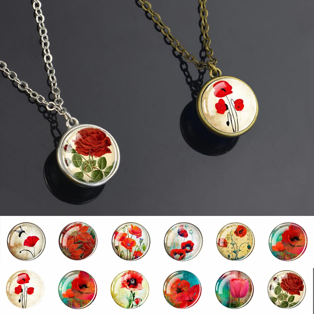 Red Flower Pendant Necklace Art Crimson Flower Glass Ball Pendant Poppy Necklace for Women Girls Necklace for Party Birthday