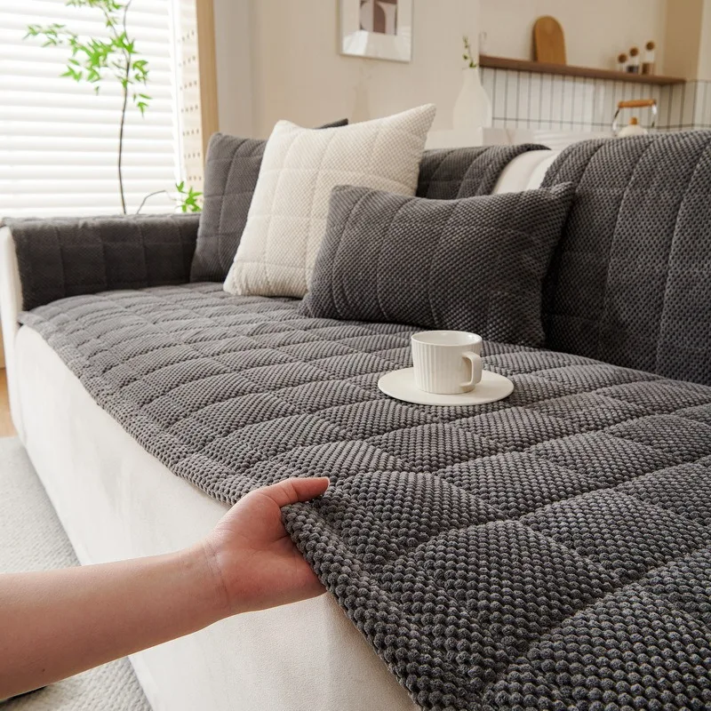 

1PC Checker Pattern Sofa Cover Solid Color Thicken Plush Sofa Towel Covers Non-slip Couch Slipcovers Sofa Mat for Living Room