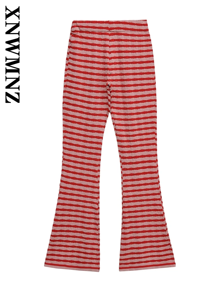 XNWMNZ 2025, Frühjahr Neue Frau Einfache Urlaub Jacquard Hohe Taille Club Dame Böden Chic Gestreiften Lange Hosen