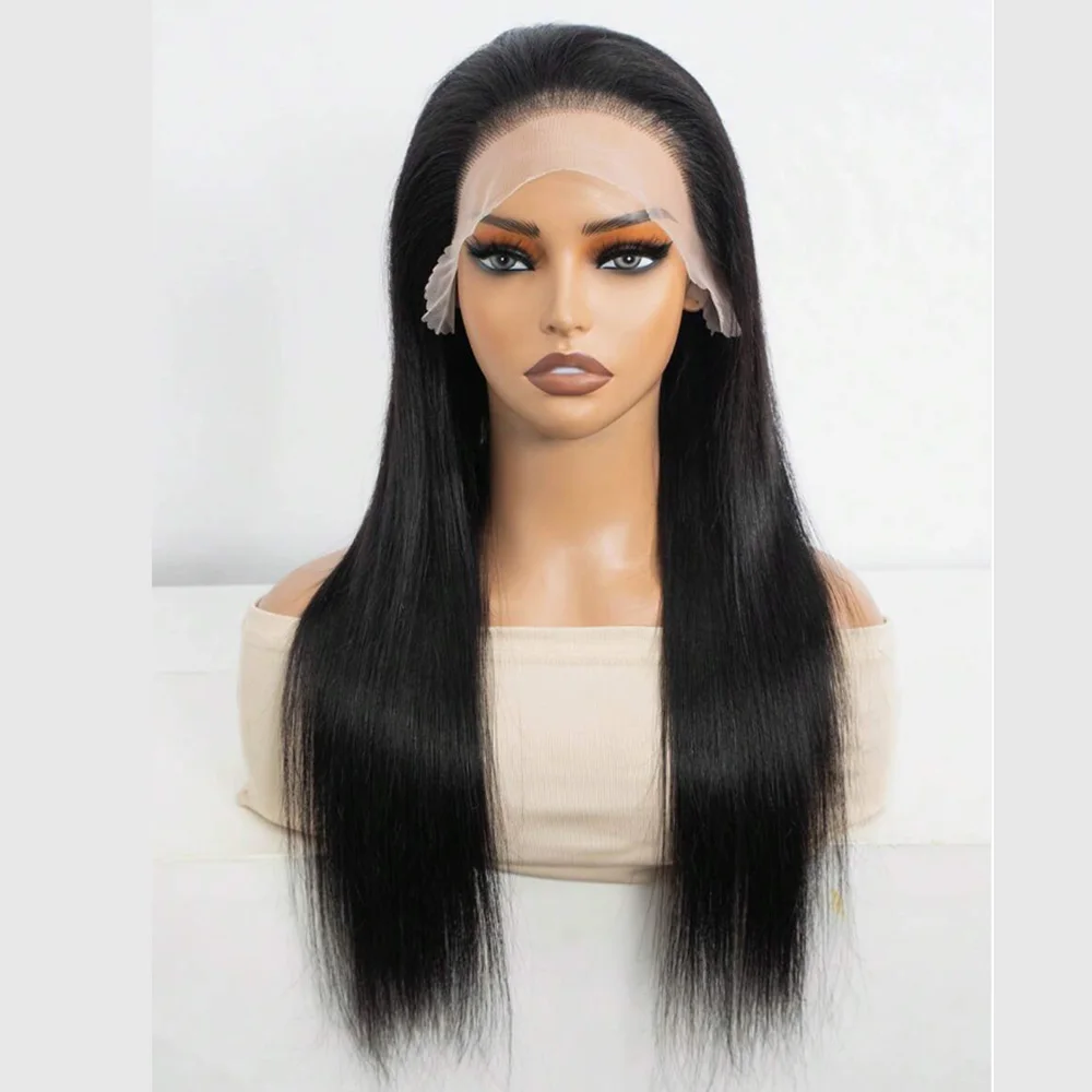 Longo parte livre 180dansty macio preplucked sem cola preto cabelo reto peruca dianteira do laço sintético para mulheres com cabelo do bebê diariamente