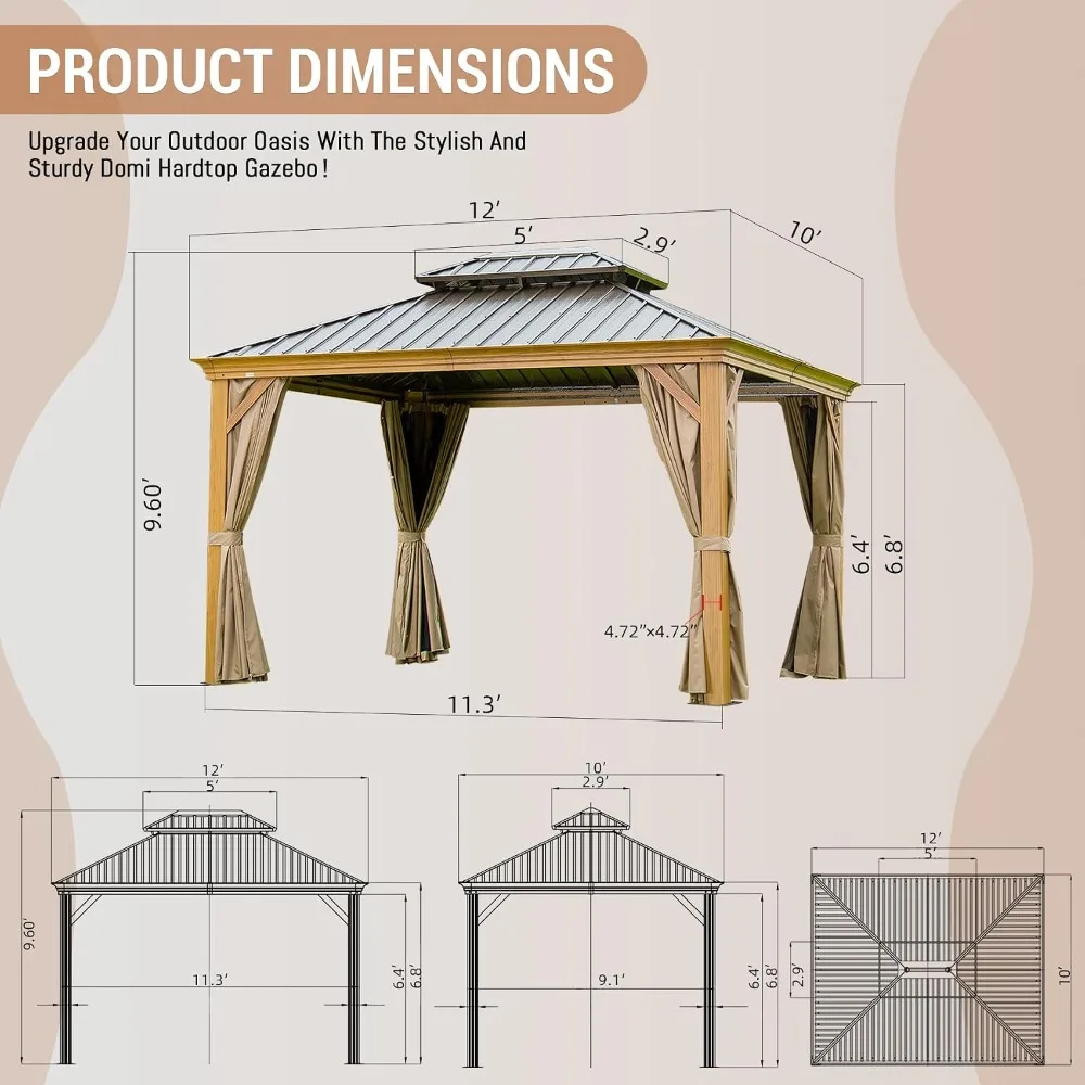 Hardtop Gazebo Aluminum Frame, for Outdoor Patios, Wood Looking