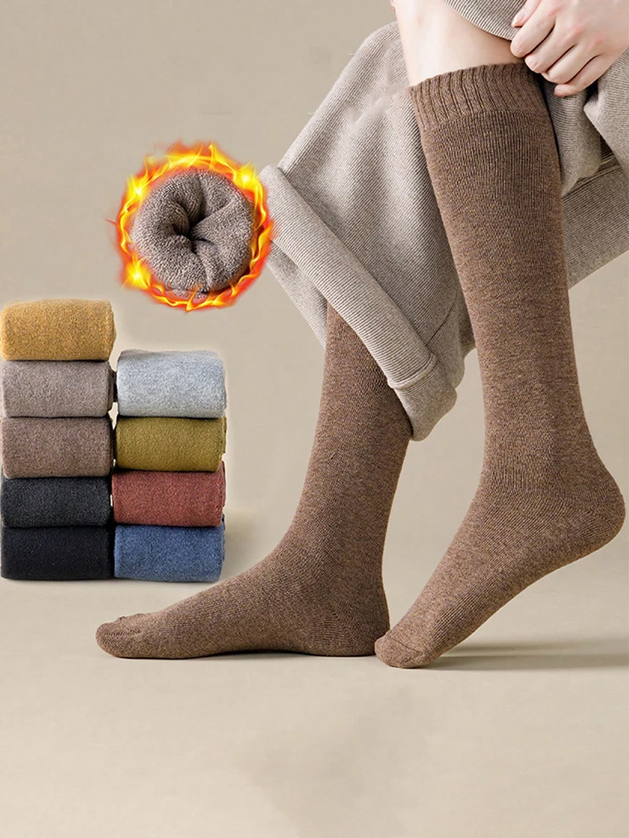 2 Paar warme, dicke, einfarbige, atmungsaktive, dicke, lässige Wadensocken für Damen im Winter