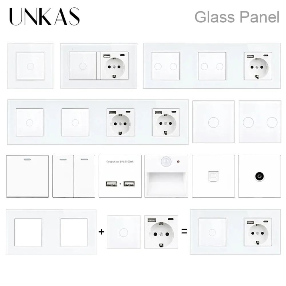 UNKAS DIY Freie Kombination Weiß Glas Panel Tuya Wifi Einzelne Feuer Linie 1 2 Gang 146mm Schalter Smart Home steckdose Türklingel Vorhang