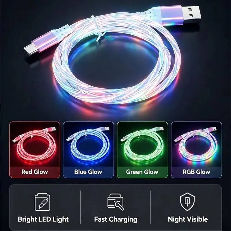 LED Flowing Light USB Fast Charging Cable Cool Glow Effect For Car Interior Daily Phone Charging
