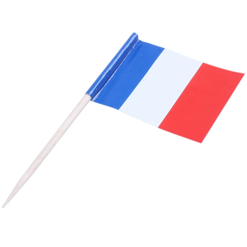 Lot Of 200 Pcs Mini Wooden Toothpick With Flag For Decor Of Party Fruit Pastry - France (Blue, White, Red)