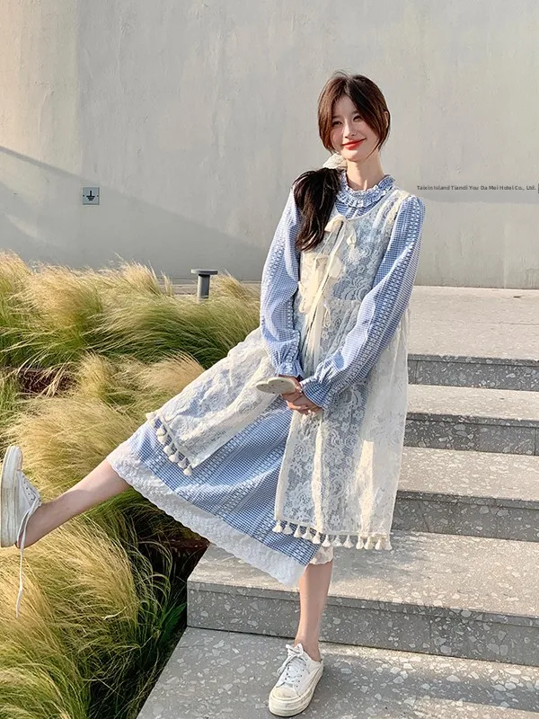 

Новый женский осенний комплект 2025 года: кружевное платье с рюшами и бахромой, в клетку, с завышенной талией, для работы и повседневной носки, с эффектом омоложения