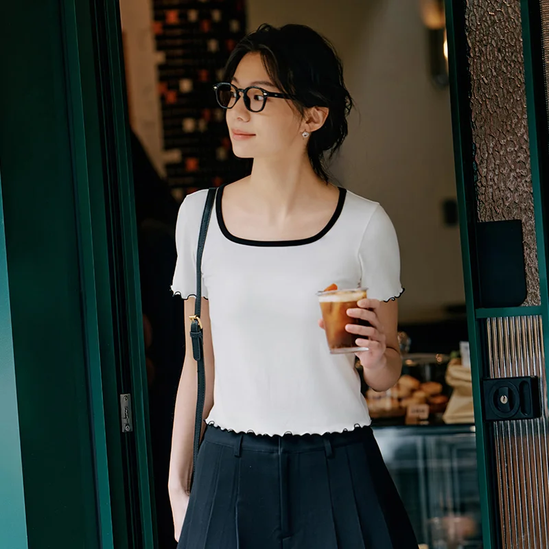 Semir-Camiseta de manga corta para mujer, capa Base ajustada, cuello redondo cuadrado, Top fino de verano, dobladillo con volantes para estilo informal