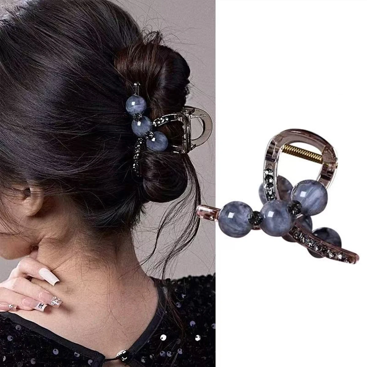 1pc Elegant Gradient Rhinestone Bead Grab Clip Medium Shark Clip Hairpin, new back of head updo half tie hairpin