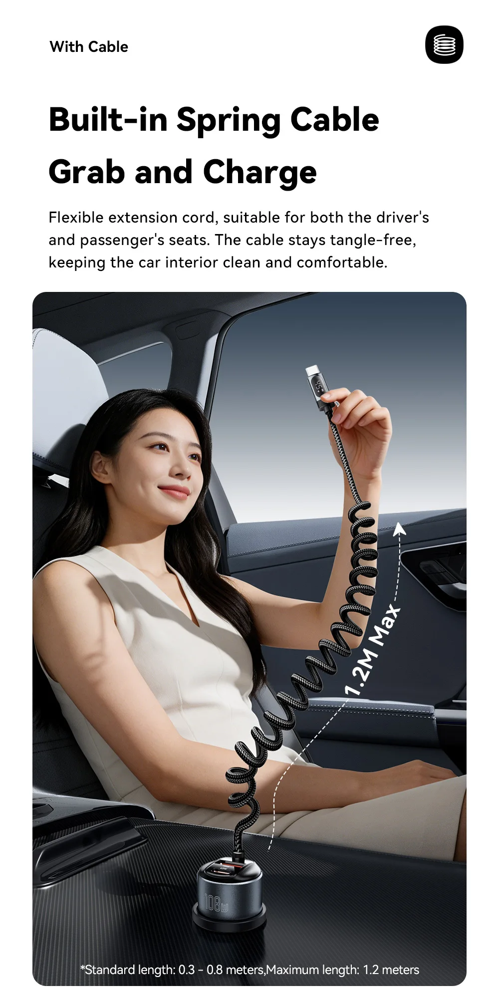 Essager 108W Car Charger with USB-C & USB-A Ports PD QC4.0 Fast Charging Digital Display Spring Cable for iPhone 17 pro MacBook