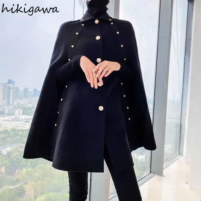 

Темпераментное черное шерстяное пальто, женская одежда, 2021, Ropa Mujer, свободные однобортные топы с шалью, модные корейские утолщенные куртки Y2k