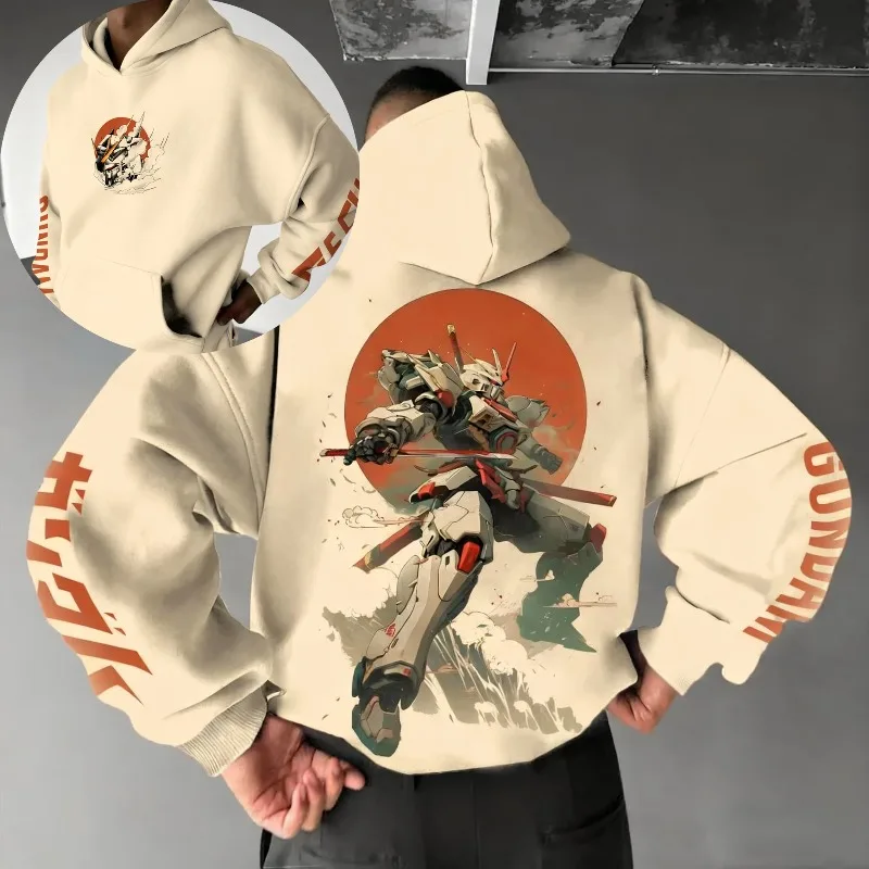 

Autumn Winter Men's Clothing Hoodies Japanese Anime Gundam Print Hooded Sweatshirt Y2K Oversized 100% Cotton Pullover Causalwear