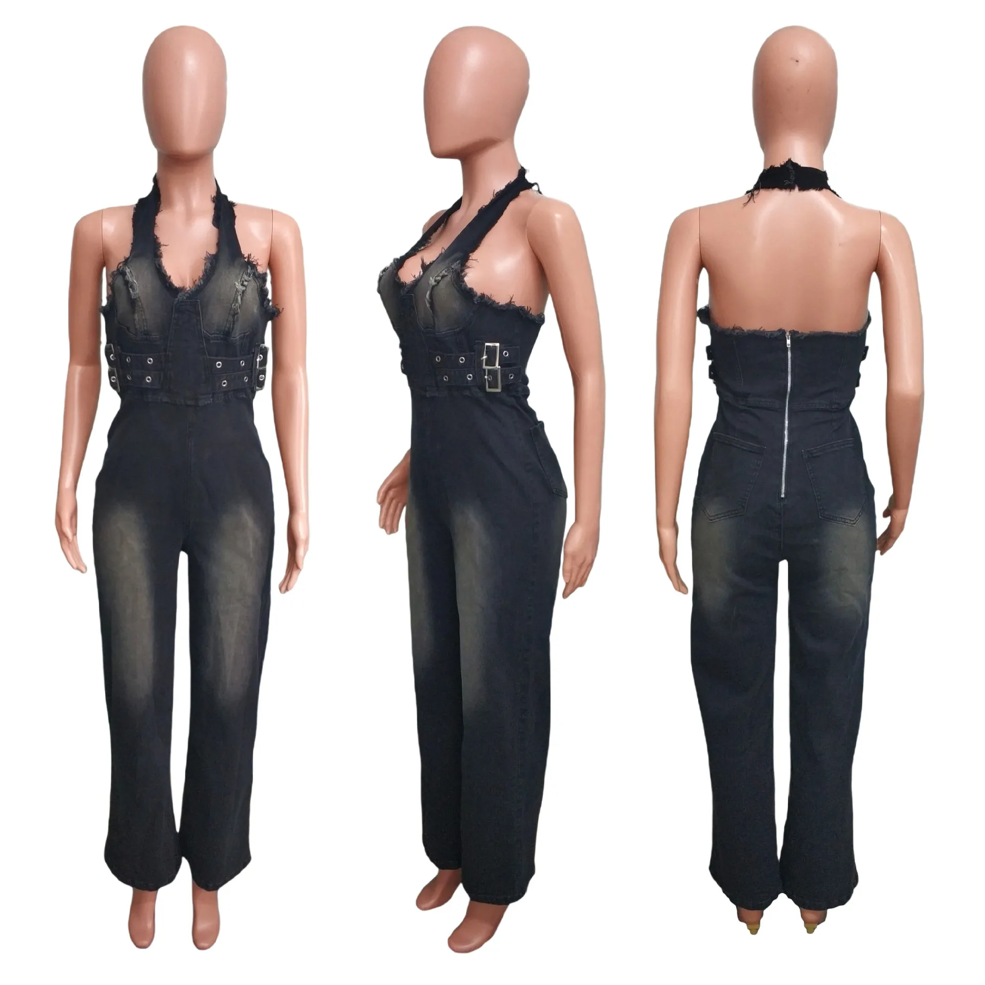 Elegant Women Denim Jumpsuits Sleeveless Halter Neck Rompers 2025 Summer Workout Activewear Sexy Backless Office Lady One Piece