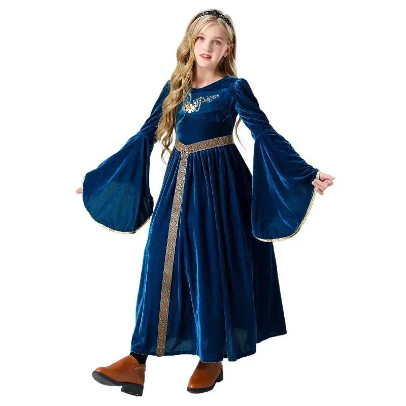 Halloween Cosplay Kids Medieval Dress Costume Retro Palace Noble Ball Performance Children Suede Flare Sleeves Carnival Dress Up