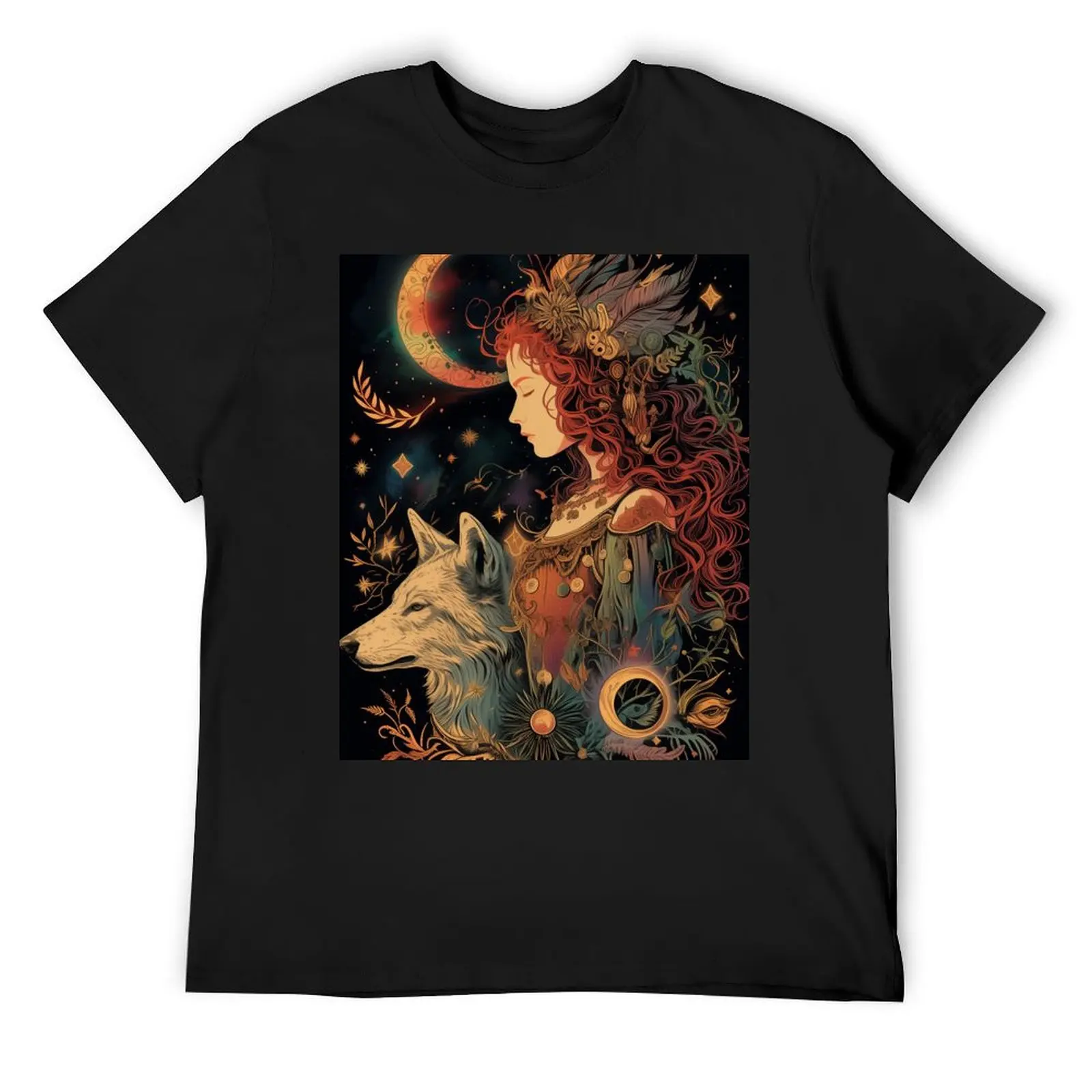 Mystical Woman and Majestic Wolf Art Fantasy Surrealism T-Shirt hippie clothes new edition plain black t shirts men