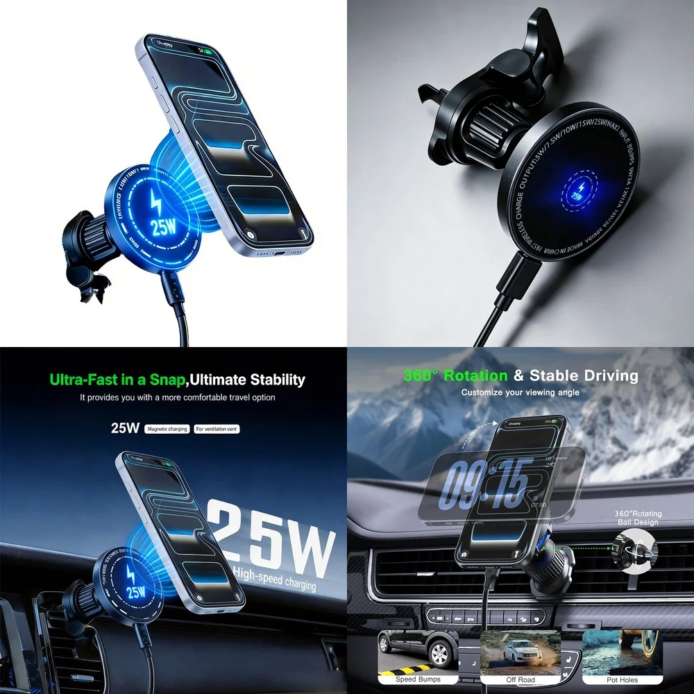 25W Wireless Charging Car Mount Magnetic Vent 360 Rotation Low Temp Stable Fast Charge for iPhone 17 16 15 Samsung S26 S25 Ultra