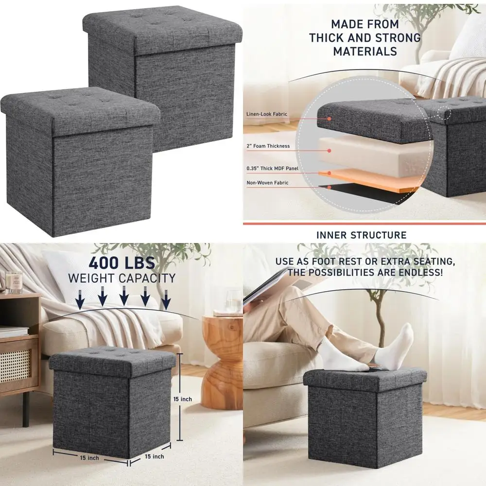 

Ornavo Home 2-Piece 15 Inch Square Linen Storage Ottoman Set with Folding Feature and Footrest, Dark Color