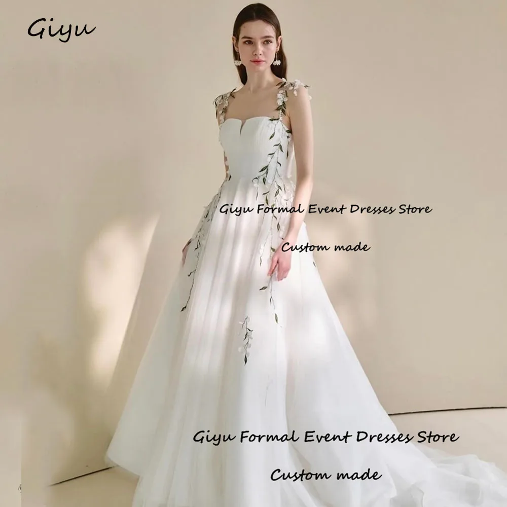 Giyu Fairy 3D Followers Wedding Dresses For Woman Floor-Length Spaghetti Strap Draped Vestidos Novias Boda 2024