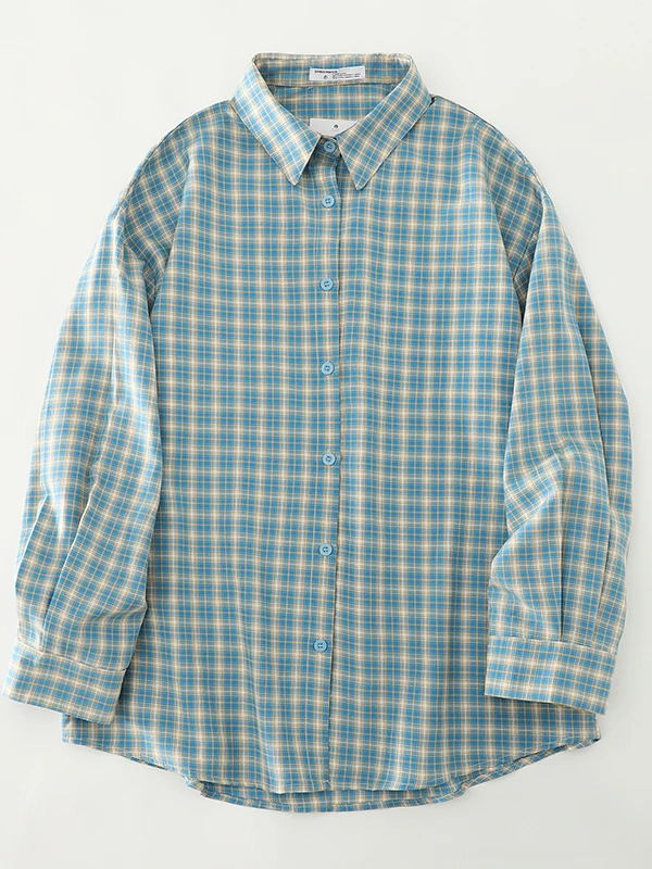 

Blue Plaid Loose Women's irt Spring Autumn New Sle Casual Versatile Open Cardigan Outerwear Cotton Long Sve Collar