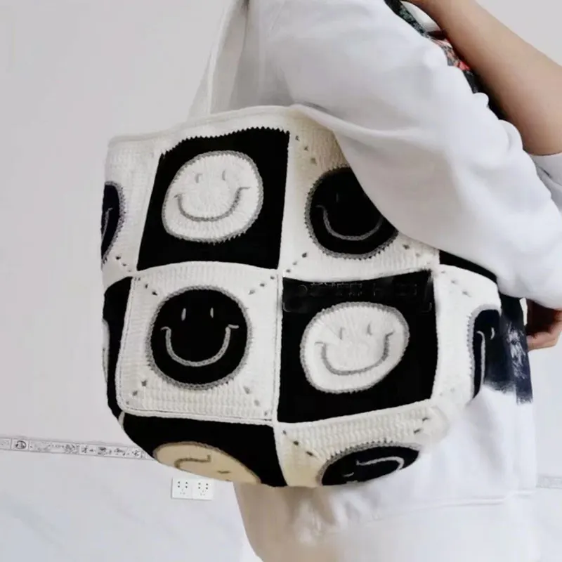 Handwoven Women's Shoulder Bag Black and White Square Smiling Face Handbag Casual Fashion Shopping Bag Storage Bag