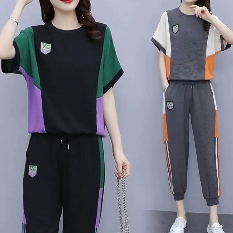 

Women's Casual Sports Suit 2023 Spring And Summer New Fashion Splicing Colour Short Sleeve Crop Top Leggings Pants Two Piece Set