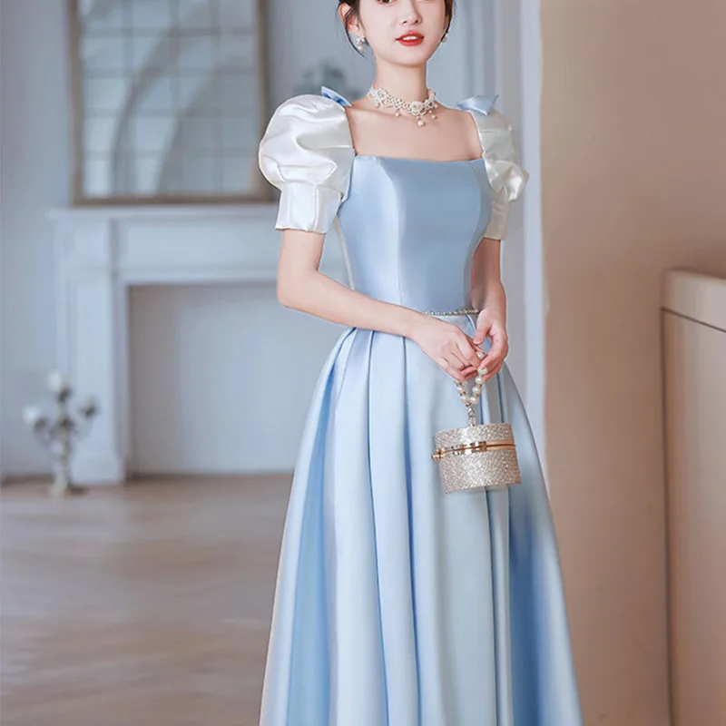 GIYSILE Blue Luxury Evening Dress with Bow Decoration on The Back, Coming-of-age Ceremony Banquet Birthday Party Formal Dress