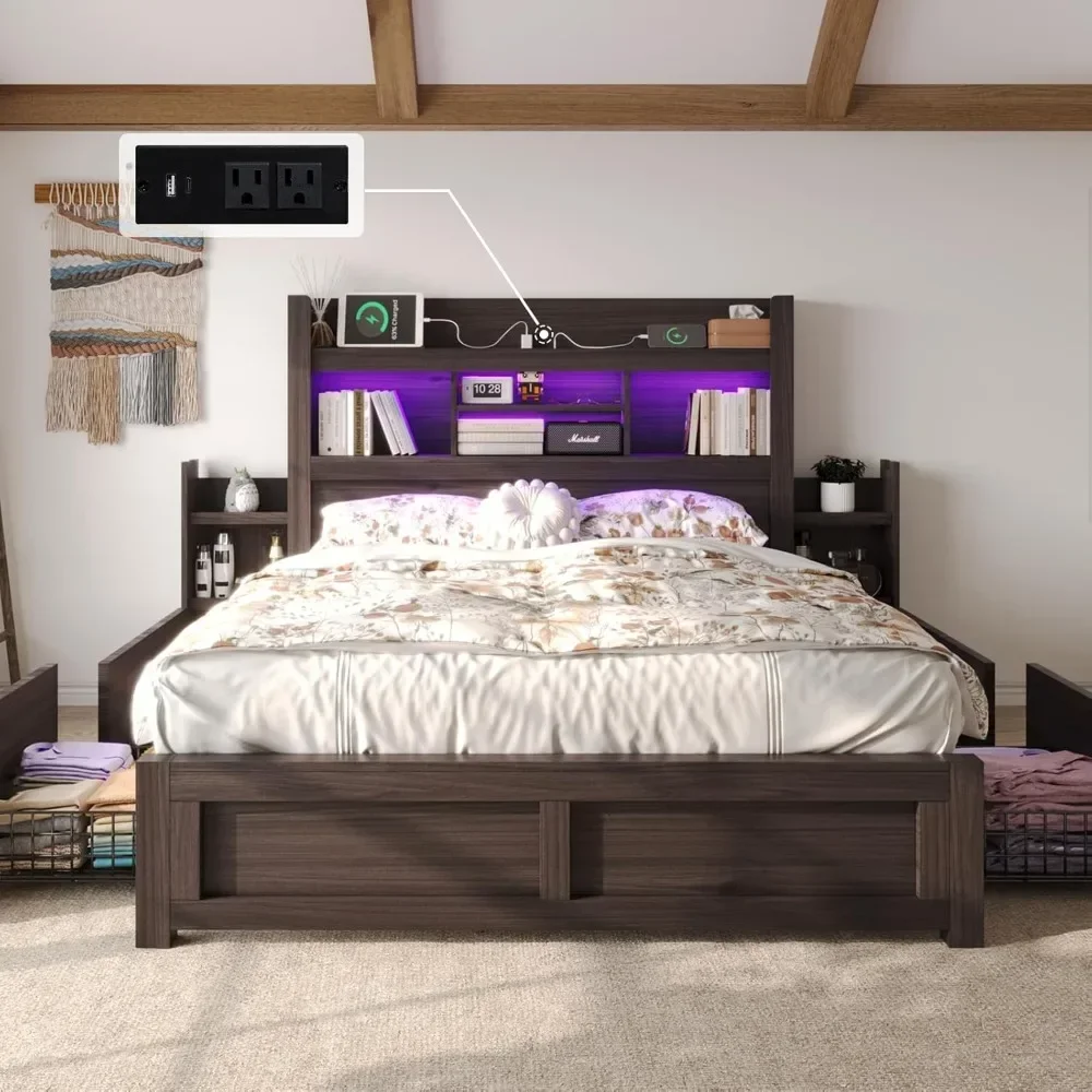 

Queen Bed Frame with 49.6" Bookcase Headboard & 2 Bedside Stoage Racks & 4 Drawers, RGB LED & Charging Station, Bed Frame