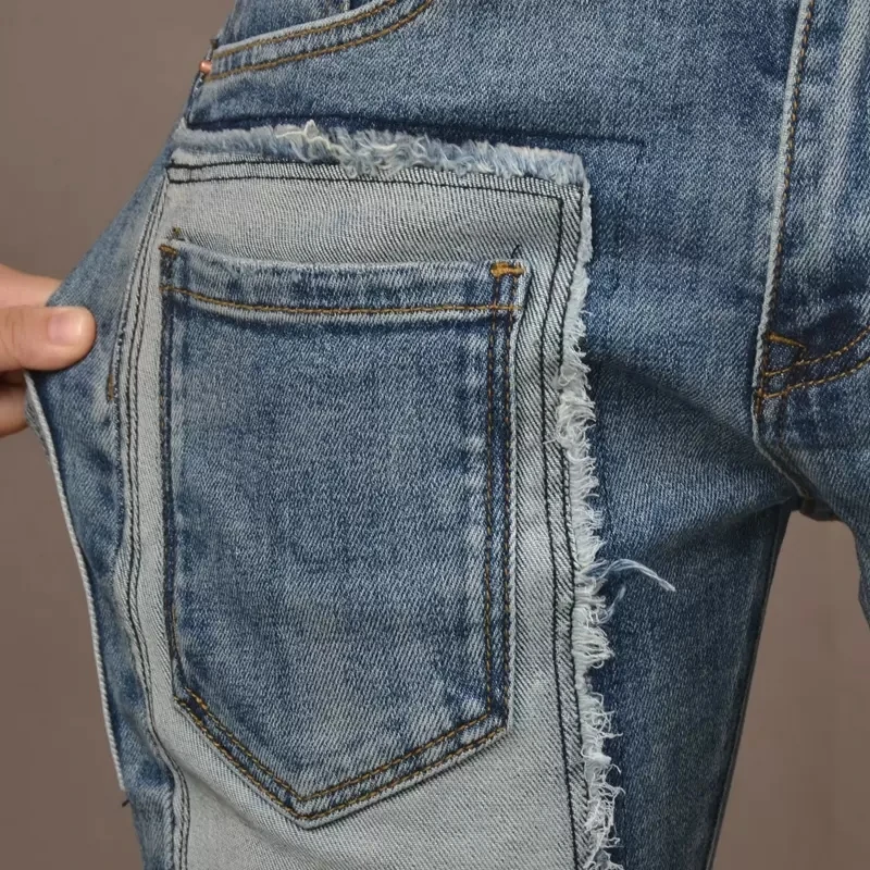 Fashion Streetwear Men Jeans Retro Blue Stretch Slim Fit Spliced Designer Ripped Jeans Men Multi Pockets Hip Hop Pants Hombre