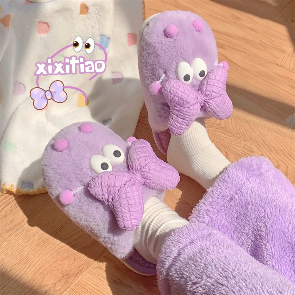 Autumn and winter new funny big eye warm plush cotton slippers women's soft-soled bedroom casual cotton shoes