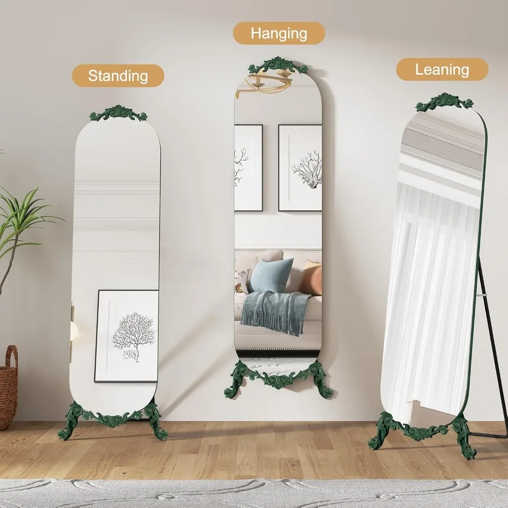 Vintage elegante gotische gesneden gebogen spiegelstandaard over de volledige lengte, 61,5 H x 20 W grote wandspiegel, groen modern decoratief