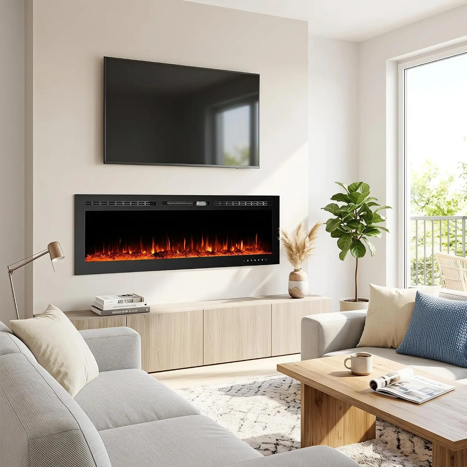 60 inch 750W/1500W Electric Fireplace Inserts with Remote Control in Wall Mounted, Energy Saving LED Insert, Customized
