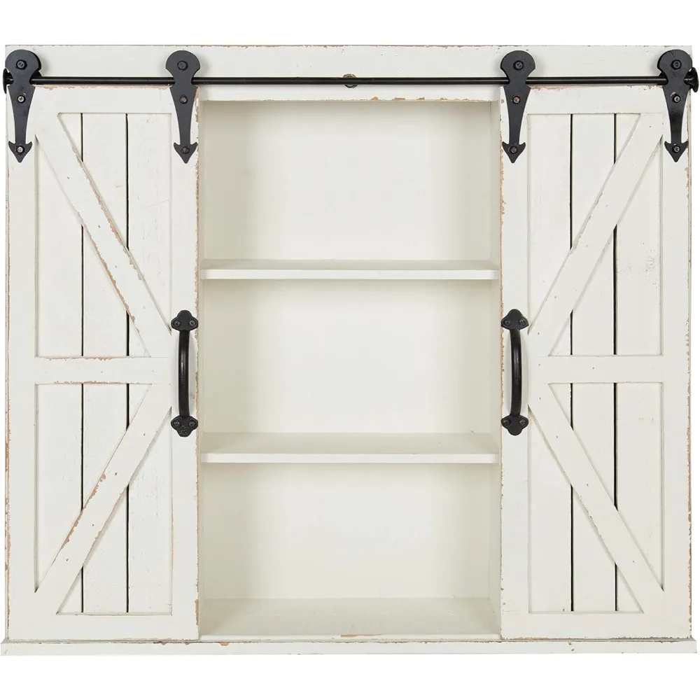 Cates Decorative Wall Storage Cabinet with Two Sliding Barn Doors, Rustic White