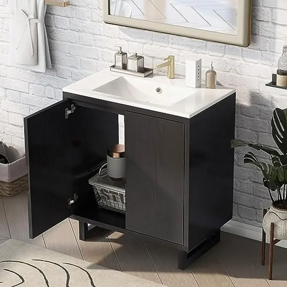 

Single Bathroom Vanity with Resin Sink Soft Close Door Adjustable Shelf Modern Wood Frame Cabinet