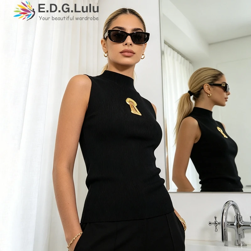 EDGLuLu 2026 Spring Summer New Arrival Stand Collar Sleeveless Knitted Vest Top Metal Decor Leisure Street Black Vest Top 0503