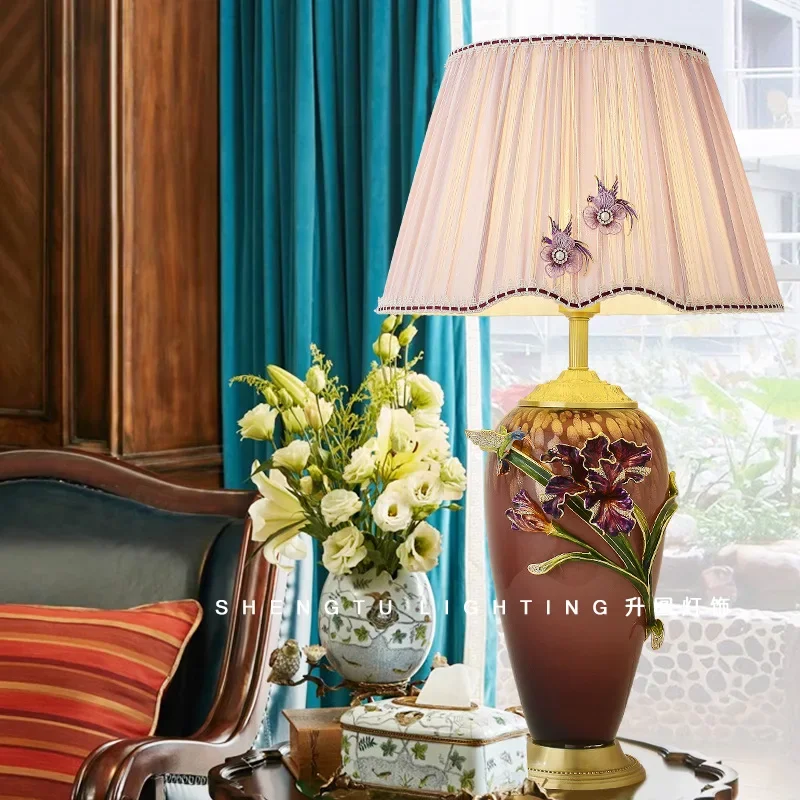 All-copper new Chinese enamel desk lamp, American retro bedroom