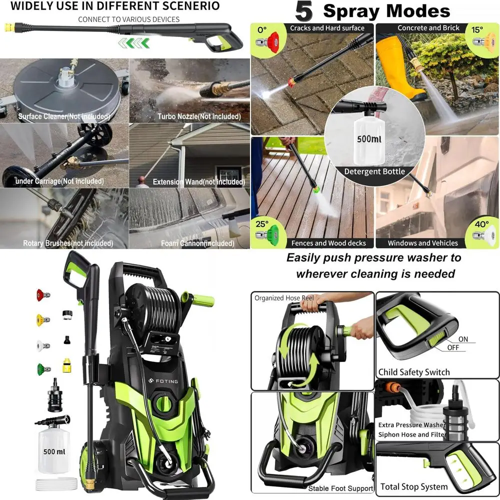 

Мойка высокого давления 4500 PSI с 4 насадками, входным шлангом и фильтром для чистки автомобилей, улицы и дома, зеленая