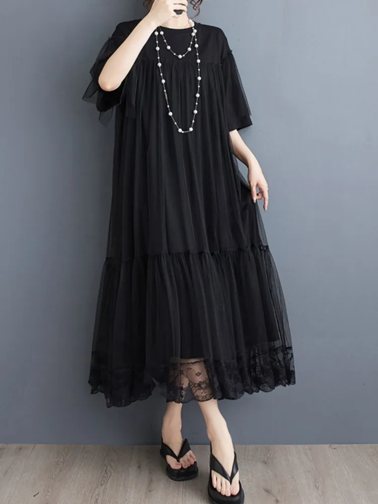 Oversized Summer Mesh Patchwork Long Dress Women Short Sleeve Fashion Ruffle Ladies Dresses Loose Pleated Woman New Dress