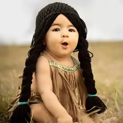 Baby Wig Beanie Double Braides Knitted Hat Winter Hat Cute Headwear Photo Props Bonnet Cap for Baby Aged 0-6 Months