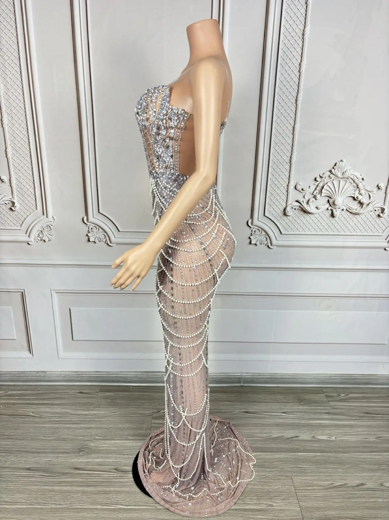 Zhenzhulian robe à strass scintillants Sexy chaîne de perles soirée célébrer robe de bal fête d'anniversaire robes chanteur spectacle scène porter