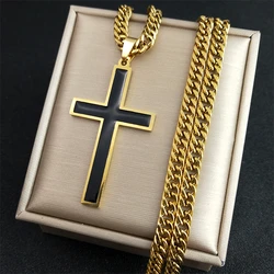 Punk Hip Hop Black Cross Pendant Necklace for Women Men Stainless Steel Gold Color Male Jesus Christ Chain Jewelry colar N8236S0