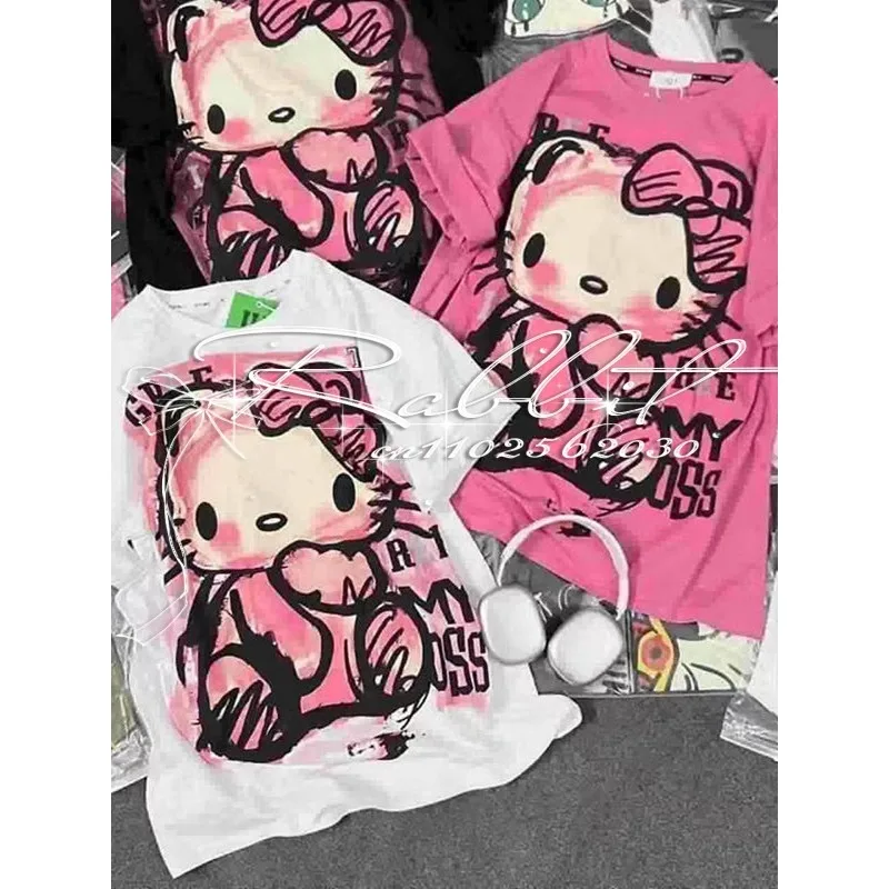 

2025 New Popular Street Y2k Retro Graffiti Hello Kitty 3D Printed T-shirt for Women's Casual Large Loose Cartoon T-shirt