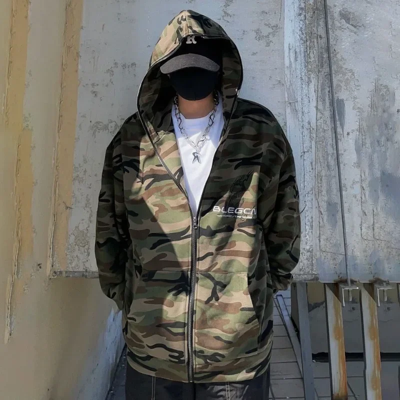 

Men's Camouflage Hoodie Spring Autumn Loose Casual Versatile Zipper Cardigan Couples Hooded Coats Hip Hop Skateboard Streetwear