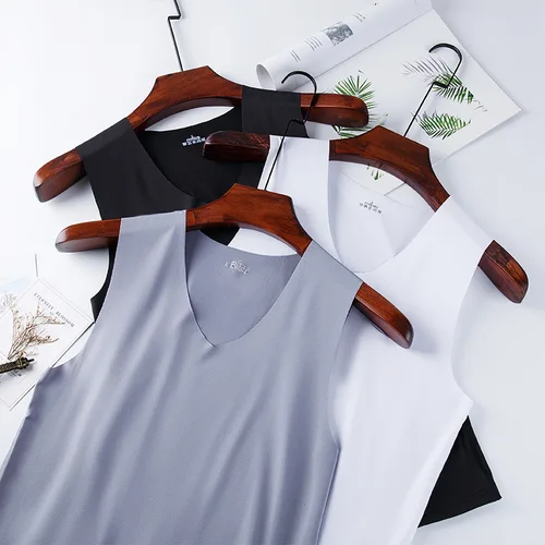 Imagen 2 del producto Camisetas sin mangas de seda sin costuras para hombre, chaleco deportivo sin mangas, ropa interior informal lisa para verano, camisetas sin mangas para gimnasio fresco