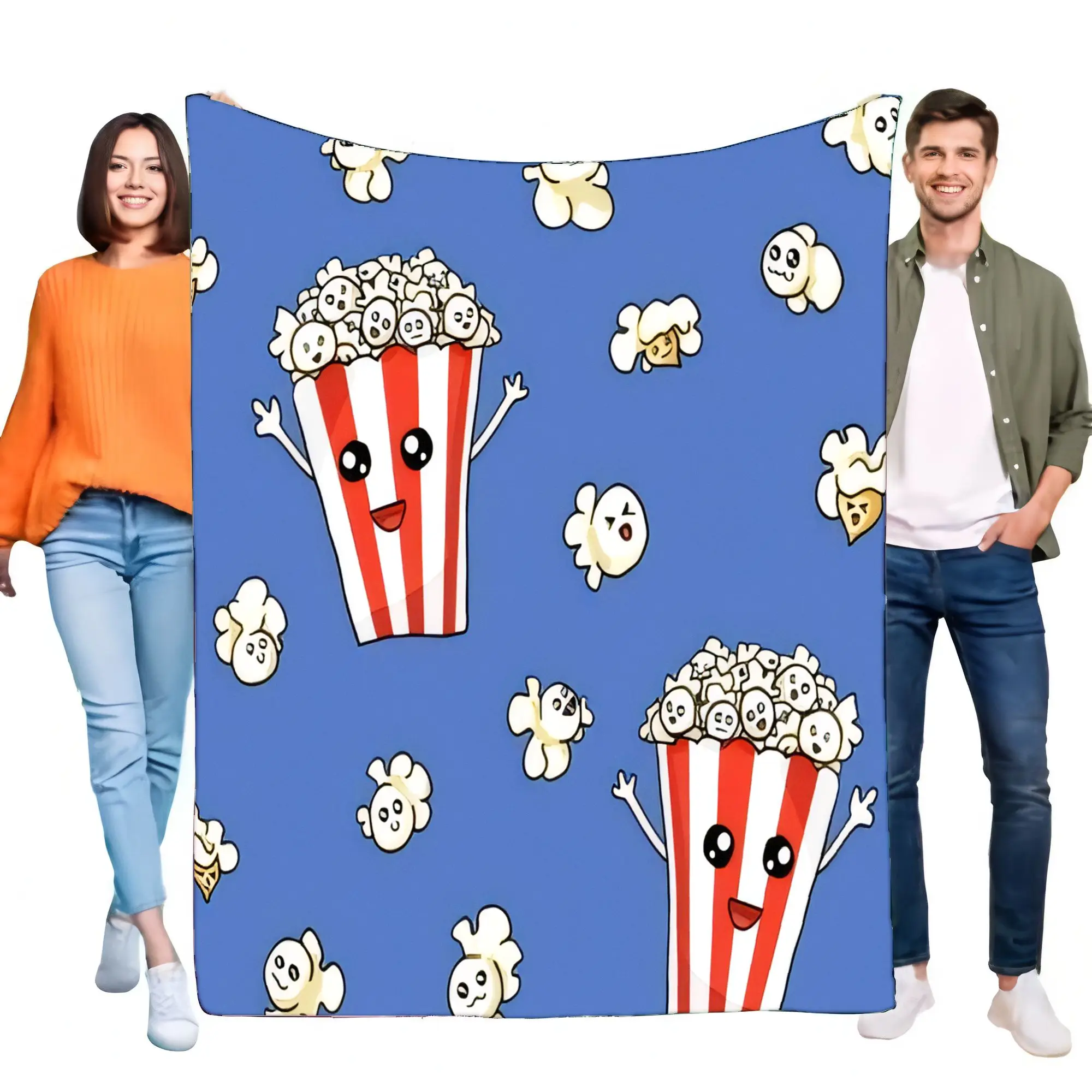 Cute Cartoon Popcorn Flannel Blanket, Super Soft Cozy Lightweight Throw for Bed Sofa Couch, Fun Movie Night Home Decor Gift