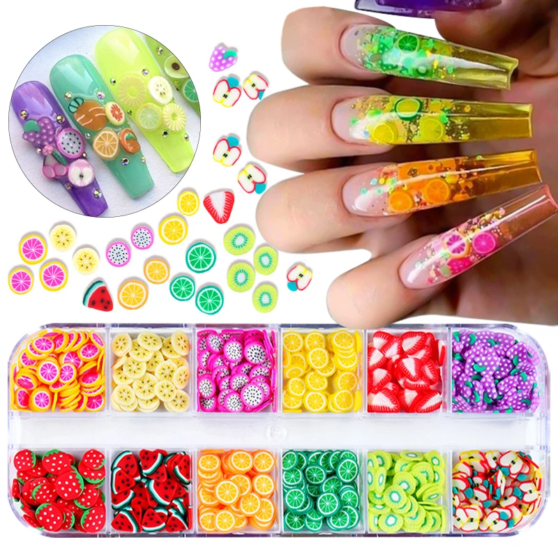 Mixed 3D Fruit Slices Sticker Polymer Clay DIY Design Slice Lemon Nail Rhinestone Beads Nail Art Accessories Manicure Decoration